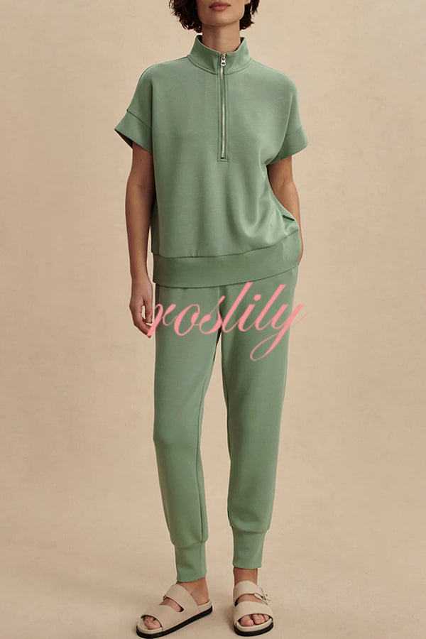 Comfortable and Relaxed Zip-up Short Sleeve Sweatshirt and Elastic Waist Pocket Stretch Pants Set