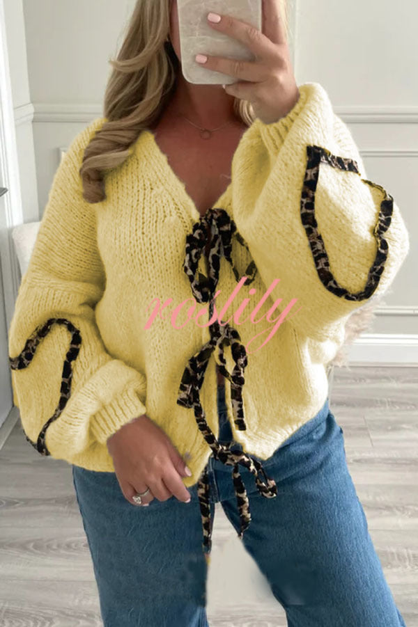 Fashionable Loose Long-sleeved Leopard Print Lace-up Knitted Sweater Cardigan