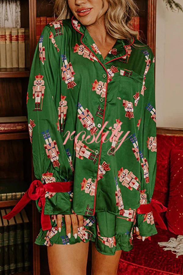 Christmas Dreaming Satin Nutcrackers Print Velvet Trim Elastic Waist Pocketed Pajama Shorts Set