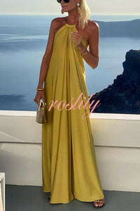 Solid Color Resort Style Halter Neck Open Back Large Hem Maxi Dress