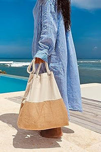 Linen Blend Contrast Patchwork Beach Bag