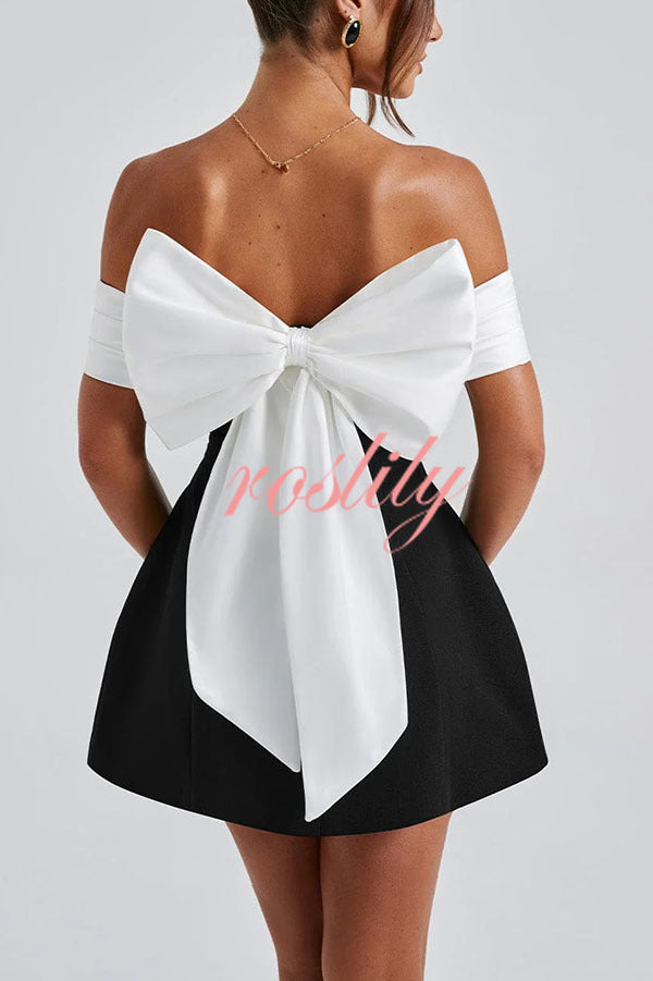 Sexy Contrast Off-the-shoulder Bow-embellished Mini Dress