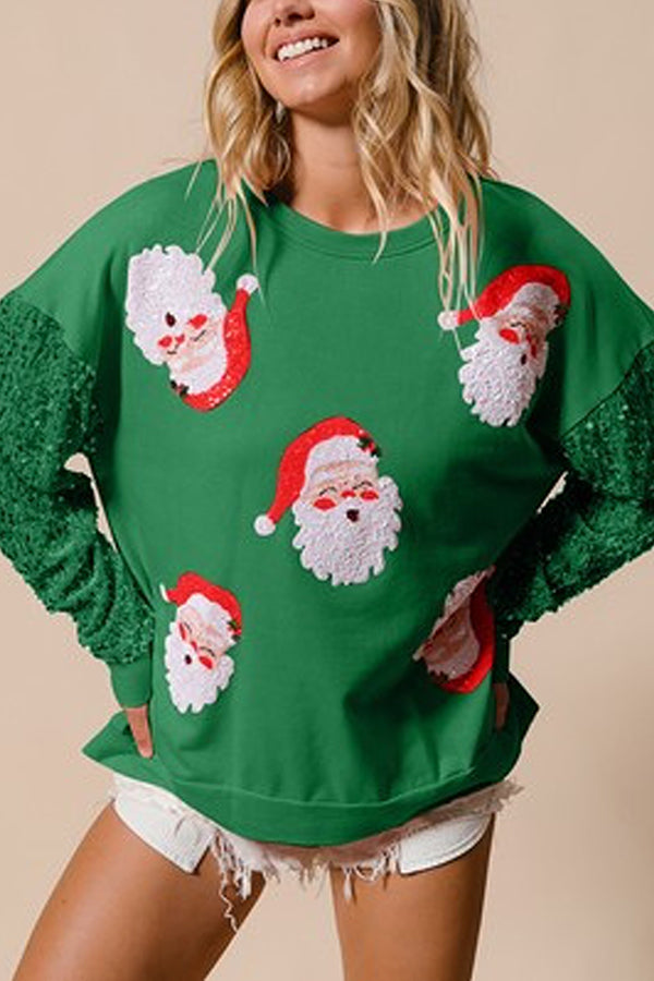 Christmas Casual Loose Round Neck Sequined Sleeve Sweatshirt