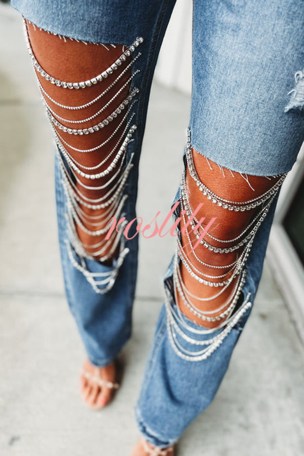 Casual Pocket Ripped Chain Embellished Straight Jeans