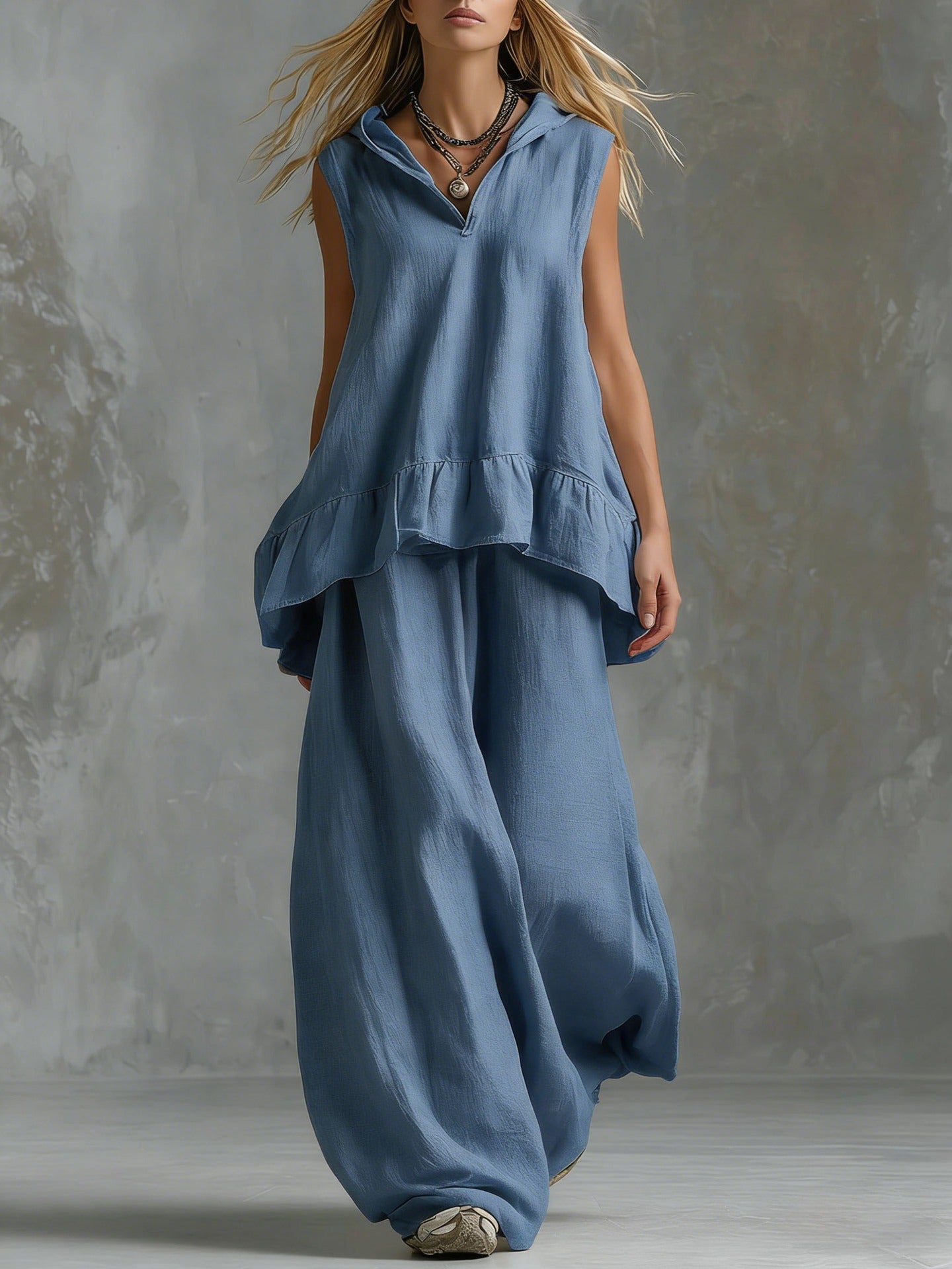Boho Linen Hooded Two-Piece Outfit - Flowy Ruffle Top & Wide Leg Pants