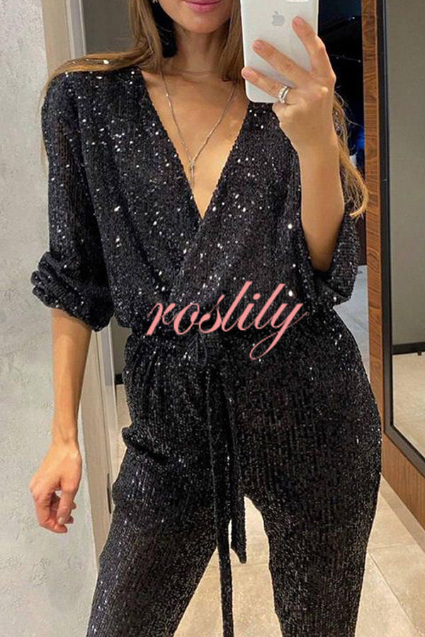 Cheers To You Sequin Long Sleeve Belted Wrap Loose Jumpsuit