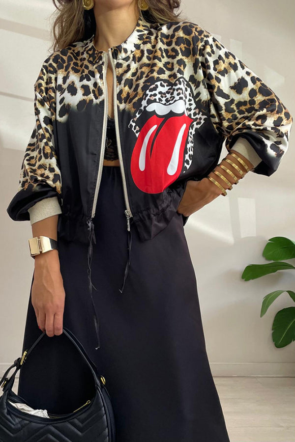 Shiloh Leopard Unique Print Zipper Drawstring Hem Bomber Jacket