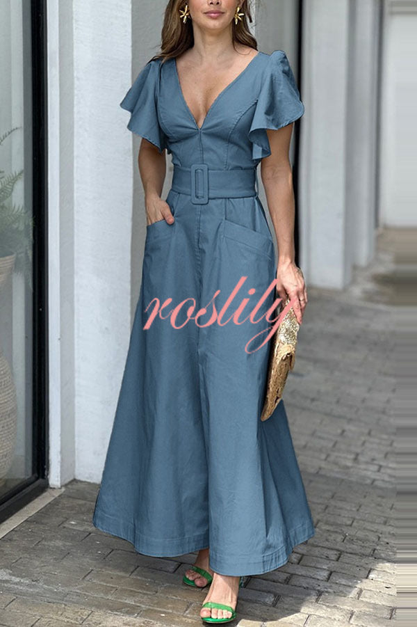 Solid Ruffle Sleeve V Neck High Waist Pocket Maxi Dress