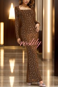 Forever Shimmering Rhinestone Mesh Square Neck Long Sleeve Stretch Maxi Dress