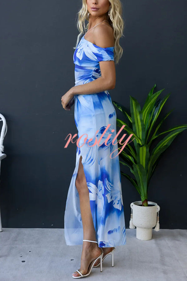 Escala Mesh Overlay Floral Print One Shoulder Cross Detail Slit Stretch Maxi Dress