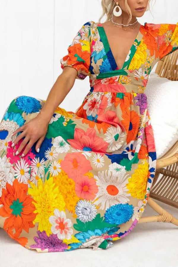 Floral Frenzy Printed Puff Sleeve Back Smocked Maxi Dress