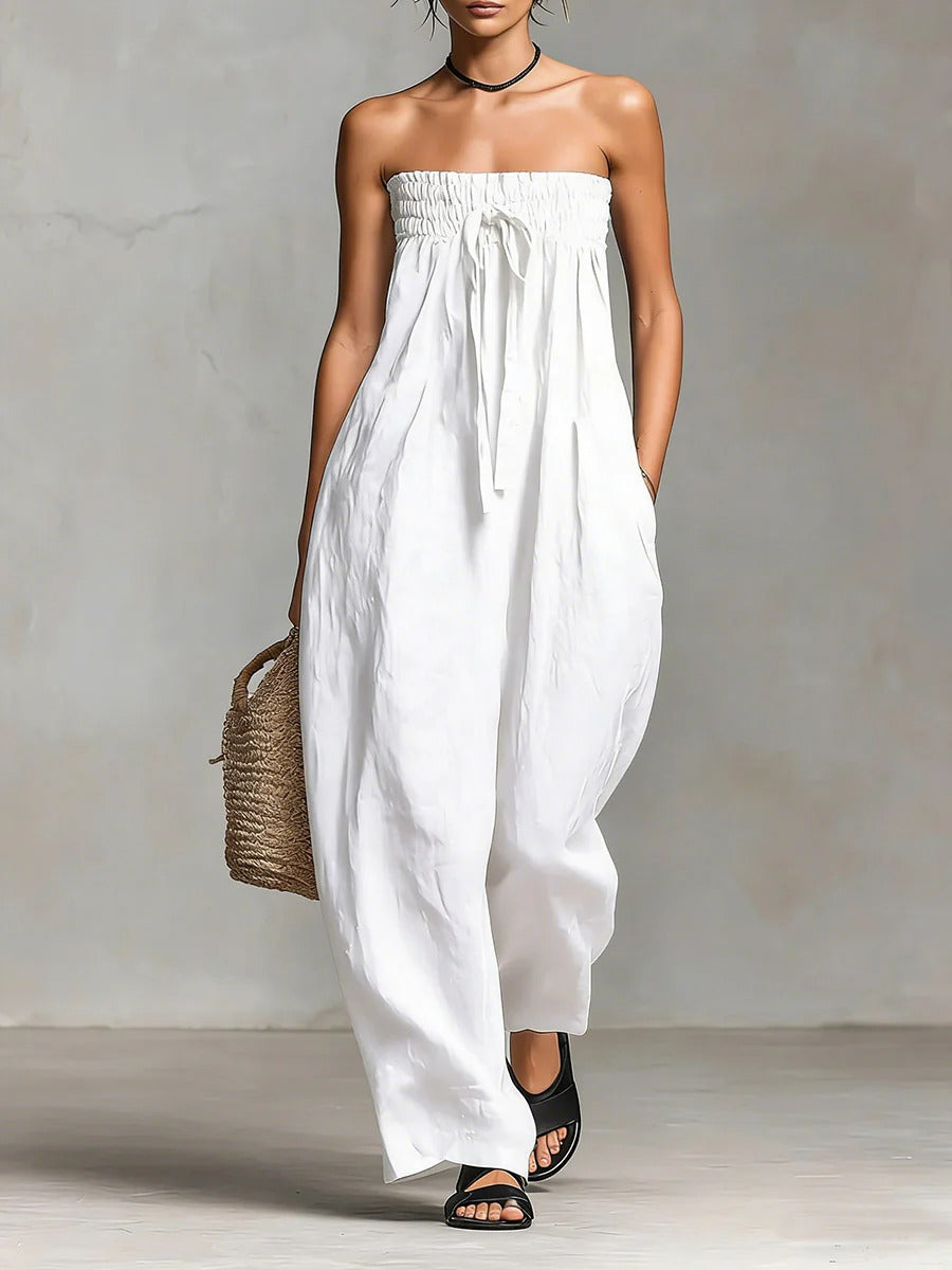 Strapless Smocked Linen Wide-Leg Jumpsuit