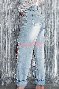 Casual Pocket Ripped Chain Embellished Straight Jeans