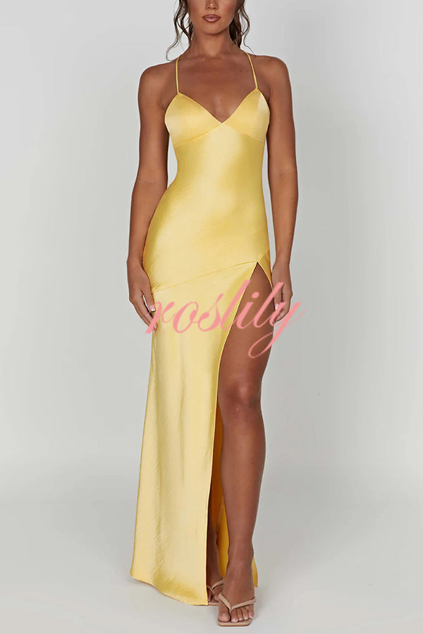 Satin Solid Color Sexy Backless Lace Up High Slit Maxi Dress