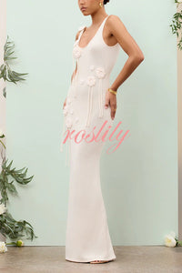 Charming Solid Color Knitted Floral Sexy Open Back Cover-up Maxi Dress