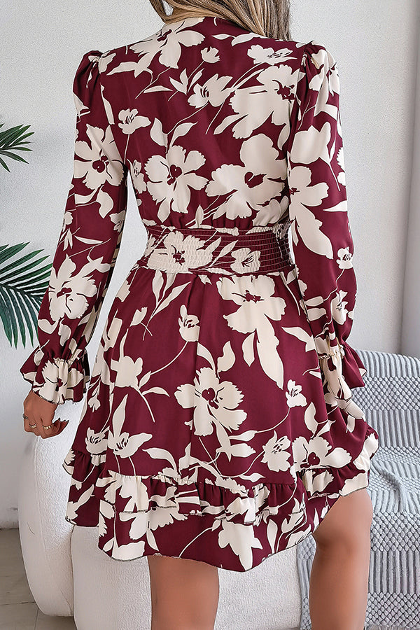 Floral Print V-neck Lace-up Long-sleeve Elastic Waist Mini Dress