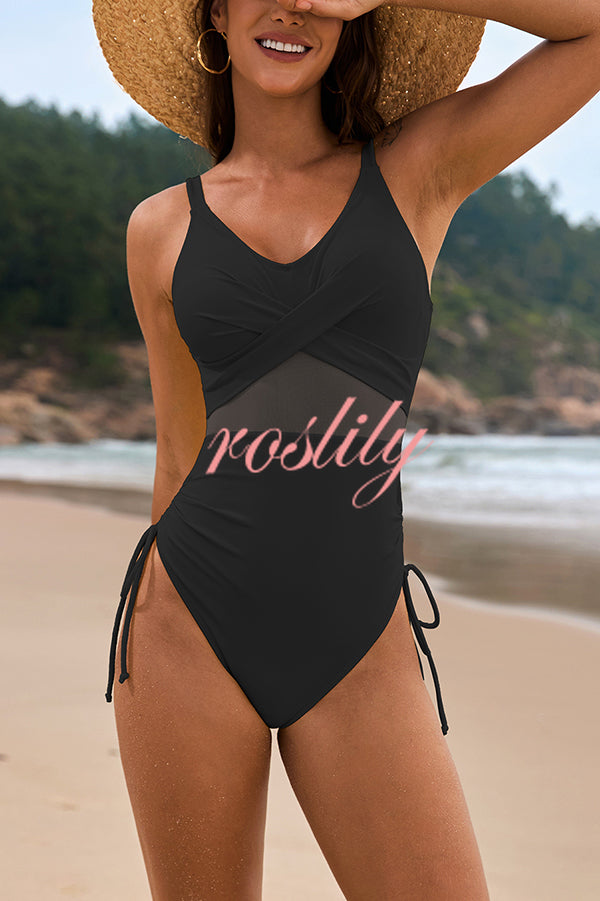 Solid Color Drawstring Waist Mesh One-Piece Swimsuit