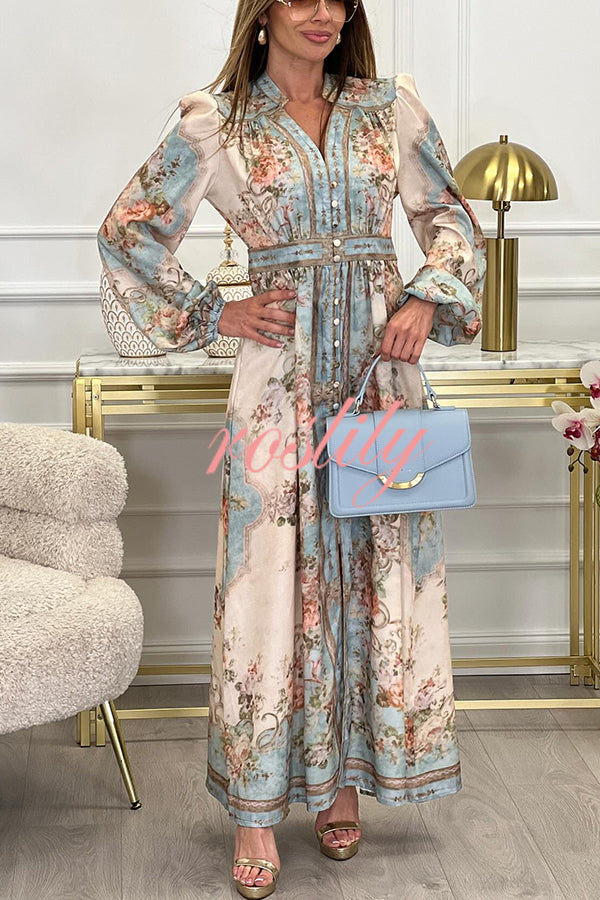 Fresh Pickings Floral Bohemian Print Balloon Sleeve Button Up Maxi Dress