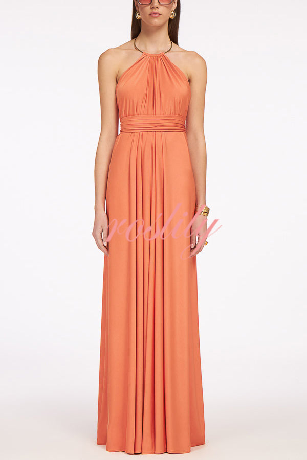 Solid Color Resort Style Halter Neck Open Back Large Hem Maxi Dress