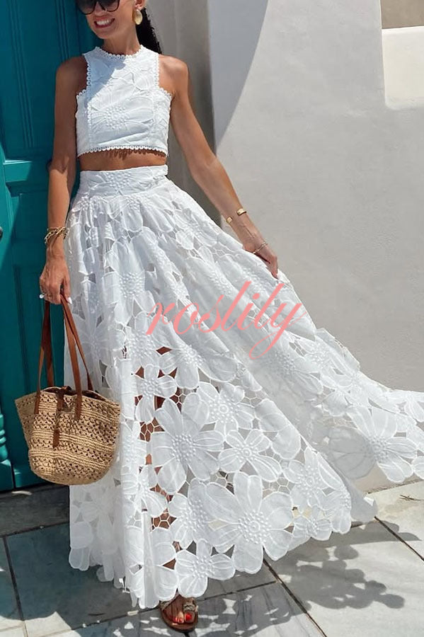 Next Trip Floral Embroidery Crochet Lace Crop Tank Top and Elastic Waist Pocket Maxi Skirt Set