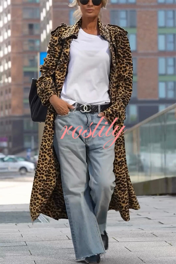 Be Free Velvet Leopard Print Long Sleeve Loose Midi Trench Coat