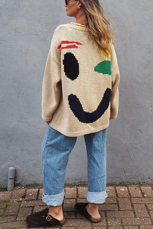 Feel Good Knit Colorful Smiley Face Loose Pullover Sweater