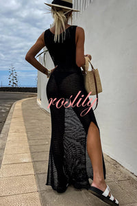 Solid Color Knitted Cutout Slit Slim Fit Maxi Dress