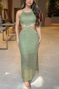 Stunning Gaze Knit Texture Ring Side Waist Cutout Stretch Maxi Dress