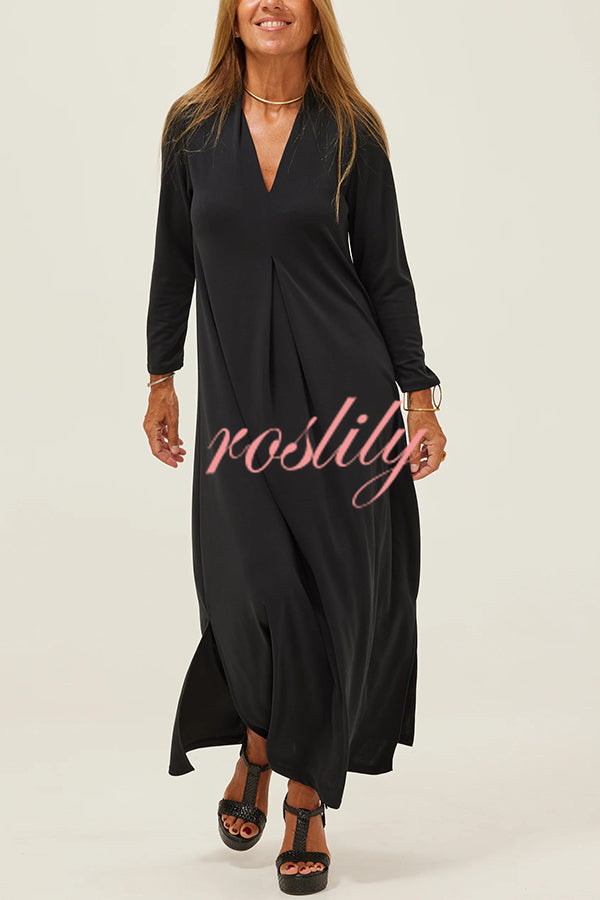 Solid Color V-neck Casual Slit Maxi Dress