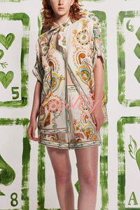 Antibes Unique Printed Loose Button-down Shirt and Pocket Elastic Waist Shorts Set