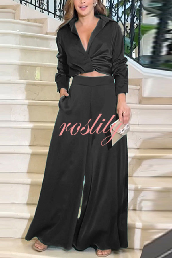 Satin Solid Color Lapel Long Sleeve Blouse and Loose-fitting Pocket Wide Leg Pants Set