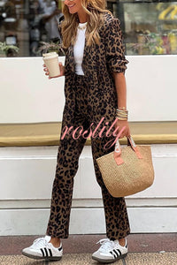 Wild Personality Leopard Pocket Relaxed Lapel Blazer and Elastic Waist Pants Set