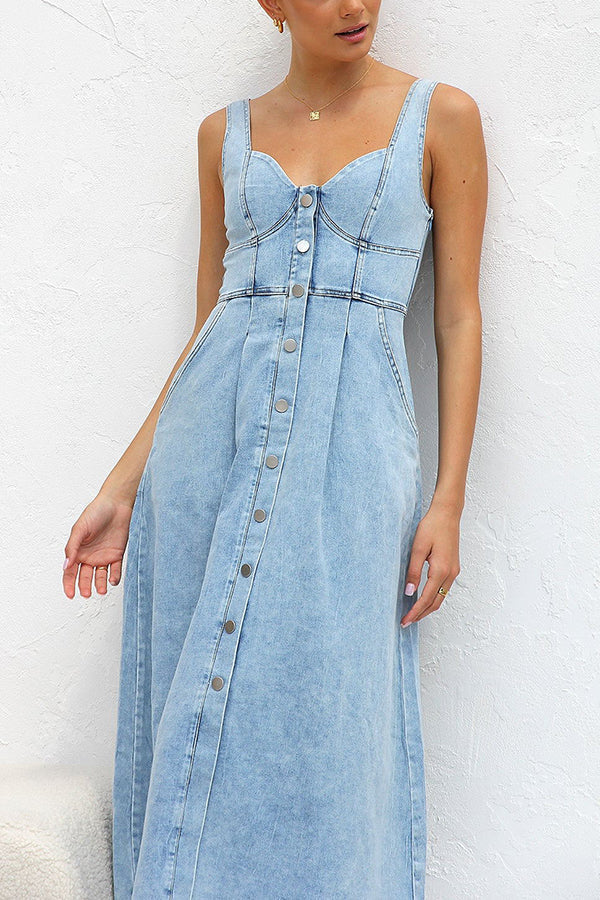 Spring Fling Washed Denim Button Pocket Back Smocked Midi Dress