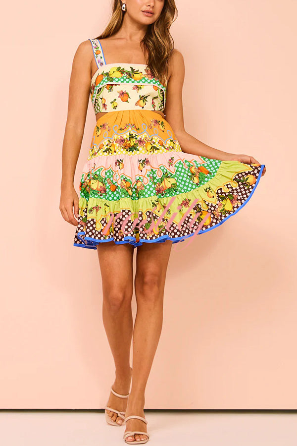 Sweet and Sour Summer Multicolor Lemon Print Pleated Hem Mini Dress