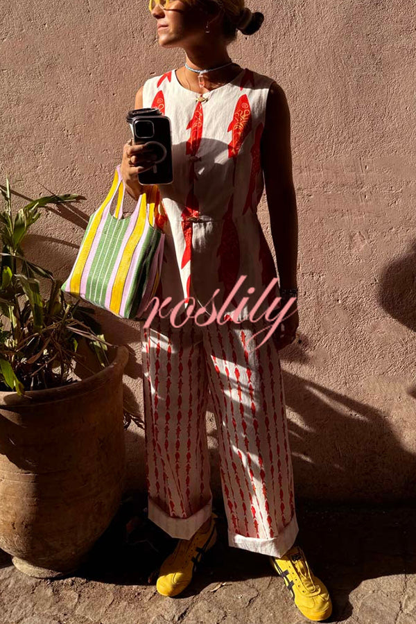 Good Luck Linen Blend Koi Pattern High Rise Elastic Waist Loose Pants