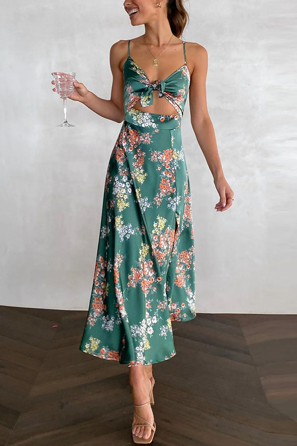 Dreamers Satin Floral Tie Up Slit Midi Dress