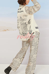 Take Me To The Ocean Satin Unique Print Long Sleeve Shirt and Elastic Waist Pocketed Pants Set