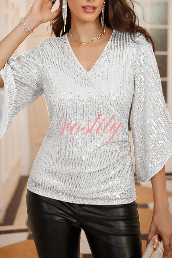 Solid Color Sequined V-neck Hollow Sleeve Slim Fit Top