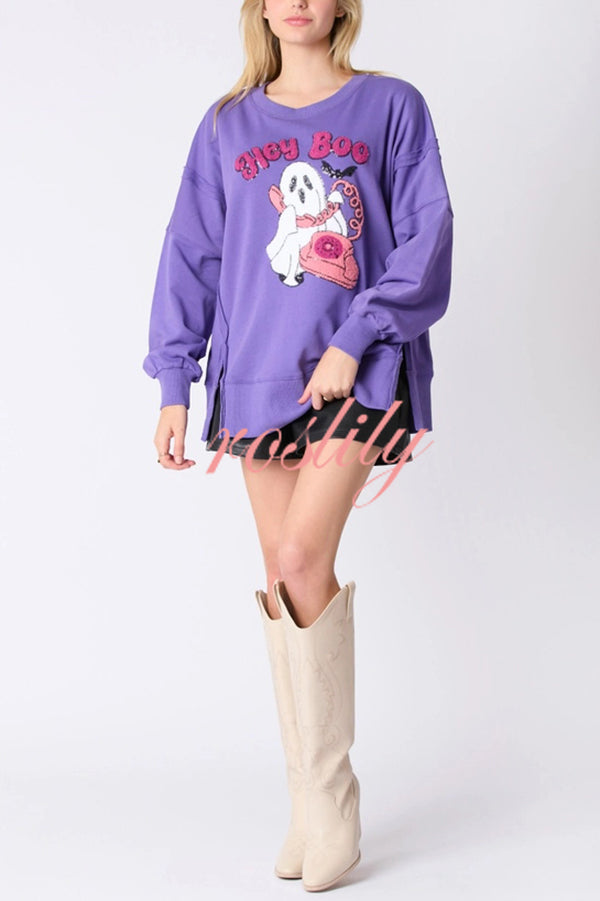 Halloween Cartoon Ghost Sequin Loose Casual Sweatshirt