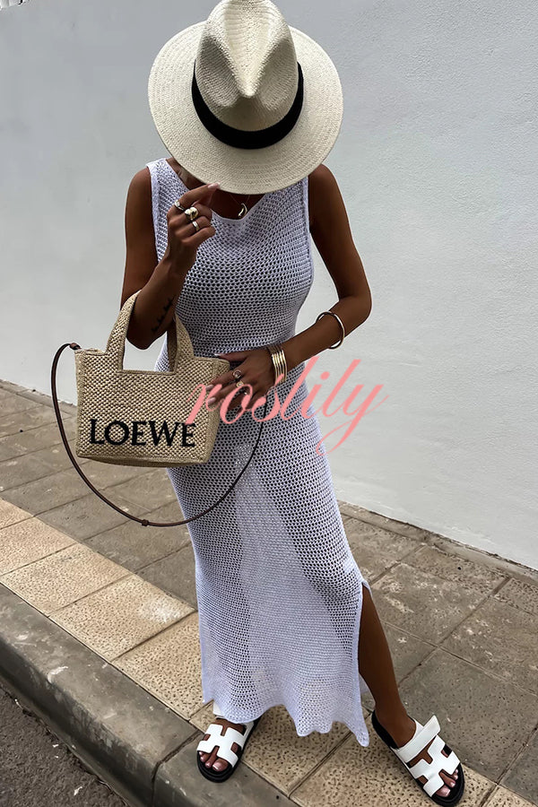 Solid Color Knitted Cutout Slit Slim Fit Maxi Dress