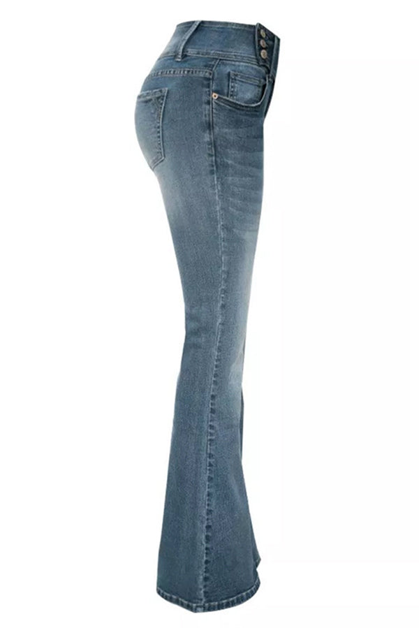 Vintage Side Button Pocket Mid-rise Flared Jeans