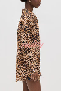 Trisha Linen Blend Leopard Print Long Sleeve Blouse and Elastic Waist Pocket Loose Shorts Set