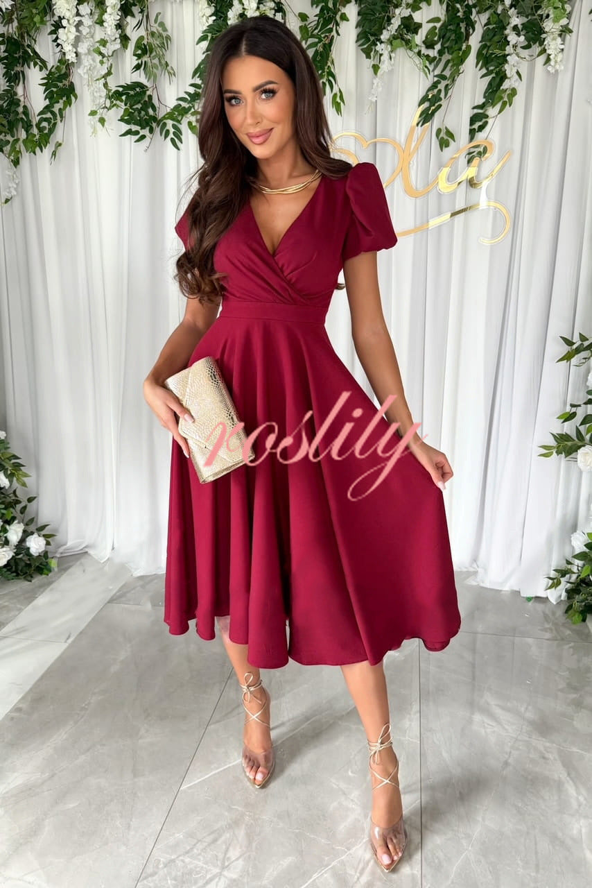 Zayla Solid Color Puff Sleeve V-neck Waist Slim Fit Midi Dress