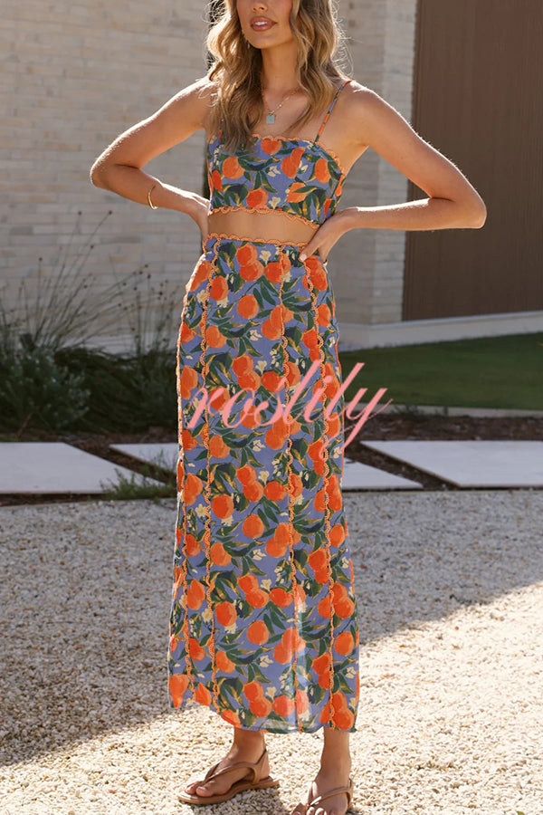 Linen Blend Summer Fruit Print Camisole Top and Elegant Lace Back Slit Maxi Skirt Set