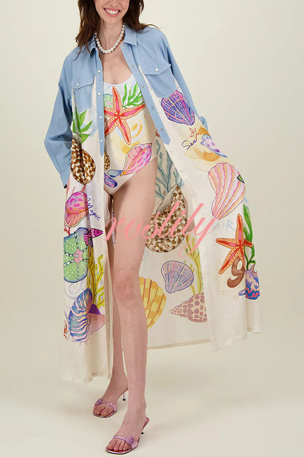 Take A Trip Marine Elements Unique Print Patchwork Pocketed Long Shirt Coat