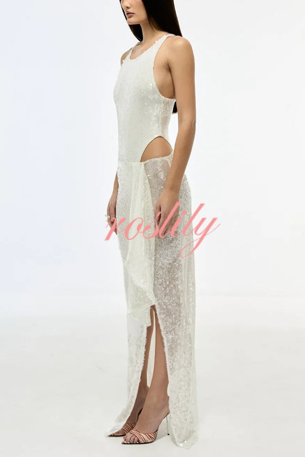 Fashion Sequin Sleeveless Fitted Rompers and Holiday Slit Maxi Skirt Set