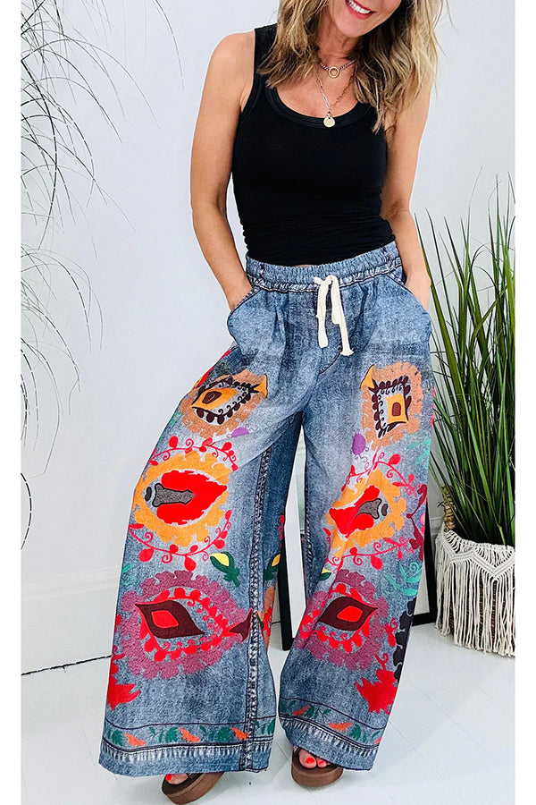 Hippie Style Unique Floral Denim Print Elastic Waist Pocketed Wide Leg Pants