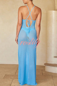 Sun Kissed Knit Cutout Backless Tie-up Slit Vacation Maxi Dress