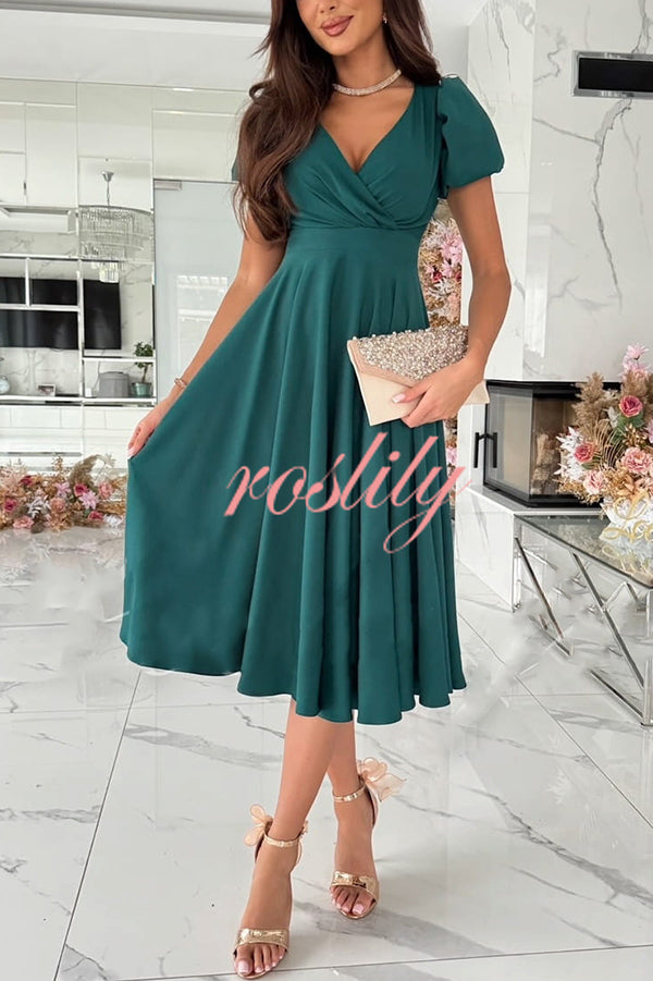 Zayla Solid Color Puff Sleeve V-neck Waist Slim Fit Midi Dress