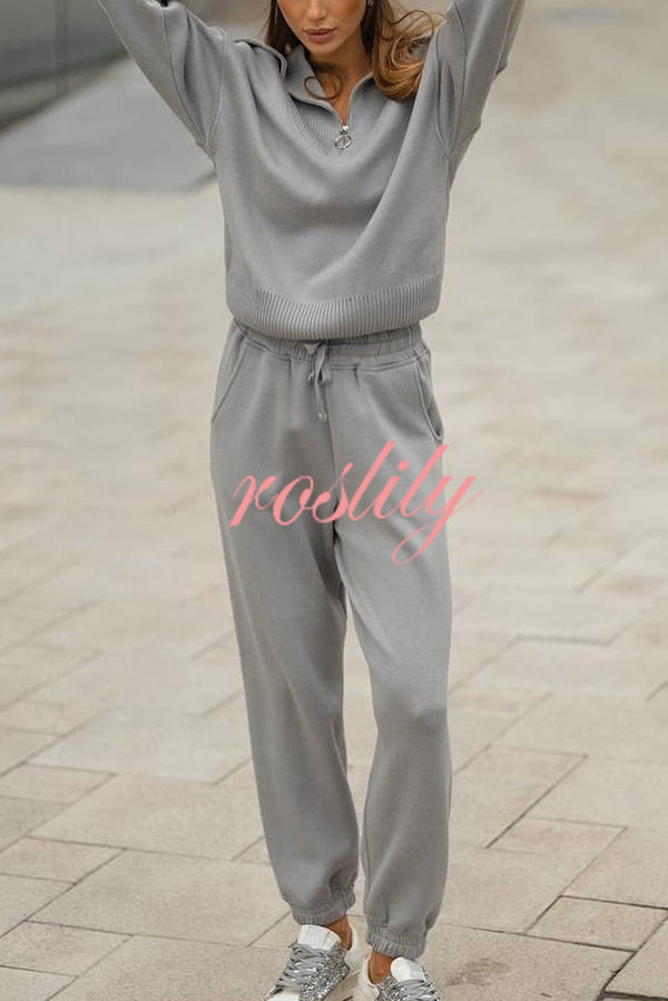 Solid Color Long-sleeved Zip-up Sweatshirt and Elastic Waist Loose Pocket Pants Set